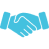 Blue handshake icon on black background.